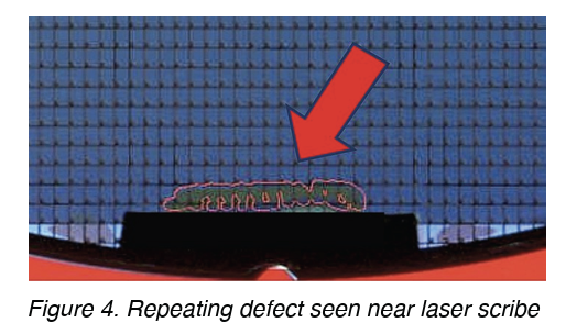Figure 4. Repeating defect seen near laser scribe. Intermittent in-line wafer defects impact yield.